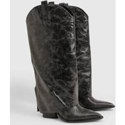 boohoo Wide Fit Clean Distressed Western Heeled Cowboy Boot - Black