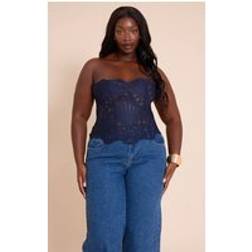 PrettyLittleThing Plus Navy Textured Sheer Floral Lace Corset - Blue