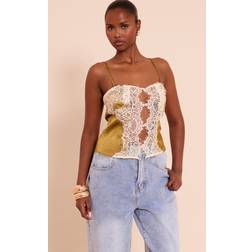 PrettyLittleThing Satin Lace Panel Strappy Cami Top - Green