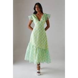 Warehouse Plunge Neck Frill Shoulder Midi Dress - Multi