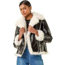 Roman Faux Leather Aviator Coat - Black