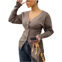 Shein Women's Autumn And Winter Sexy Elegant V-Neck Solid Brown Cardigan Sweater