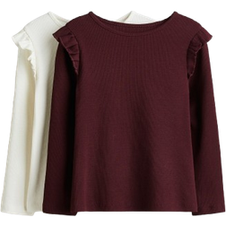 H&M Ribbad Tröja Bomull 2-Pack - Mörkröd/Vit