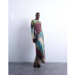 Topshop Slash Neck Chiffon Maxi Dress Abstract Print - Multi