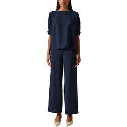 James Lakeland Round Neck Batwing Top Gathered Sleeve Blouse - Navy