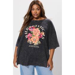 Yours Acid Wash Floral Slogan T-Shirt - Grey