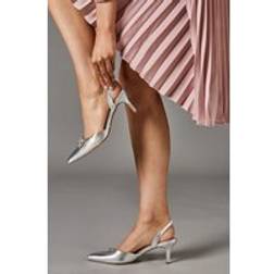 Coast Sam Satin Diamante Bow Brooch Slingback Kitten Heel Court Shoes - Silver
