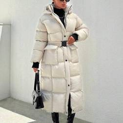 Shein Hooded Buckle Belt Quilted Long Puffer Down Coat With Gloves