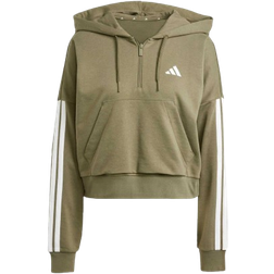 adidas Women Essentials 3 Stripes French Terry Quarter Zip Hoodie - Olive Strata/White