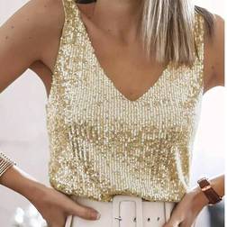 Shein Sequin V-Neck Sleeveless Tank Top - For Spring And Summer