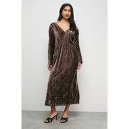 Warehouse Burnout Velvet Batwing Midi Dress - Brown