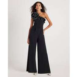 River Island Womens Black Asymmetric Tipped Frill Jumpsuit
