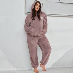 Shein Hooded Solid Color Plush Loungewear Set With Front Pockets