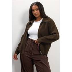Yours Bomber Knitted Collared Bomber Cardigan - Brown