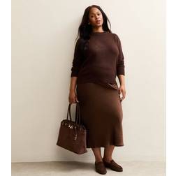 New Look Curve Satin Midi Skirt - Brown
