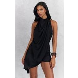 PrettyLittleThing Satin Halterneck Playsuit - Black