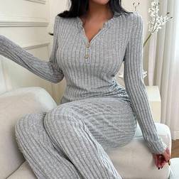 Shein Casual Ribbed Brushed V-Neck Button Down Long Sleeve Loungewear Set