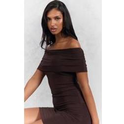 PrettyLittleThing Slinky Off The Shoulder Mini Bodycon Dress - Brown