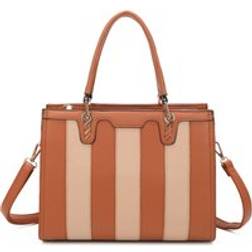 Ise PU Leather Striped Top Handle Shoulder Tote Bag - Brown
