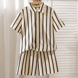 Shein Tween Boy Knitted Textured Vertical Striped Short Set - Blended Fabric