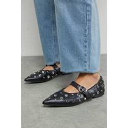 Faith Faux Leather Studded Pointed Ballerinas - Black