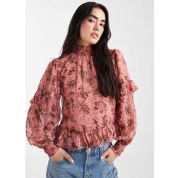 New Look Plus Size Pink Floral Trim Ruffle Trimmed Blouse - Pink