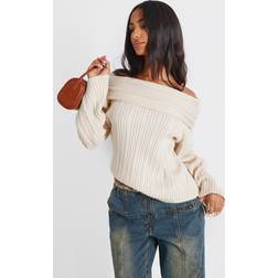PrettyLittleThing Petite Cream Off The Shoulder Knit Jumper