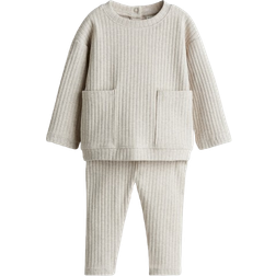 H&M Baby 2-Delat Ribbat Bomullsset - Ljusbeige