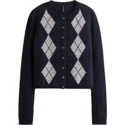 H&M Jacquard Knit Cardigan - Navy Blue/Argyle Pattern