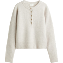 H&M Sweater with Short Button Placket - Light Beige Melange