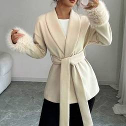 Shein Women's Elegant Faux Fur Trim Belted Shawl Collar Woven Fabric Long Sleeve - Overcoat