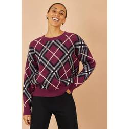 Yumi Burgundy Argyle Check Relaxed Jumper