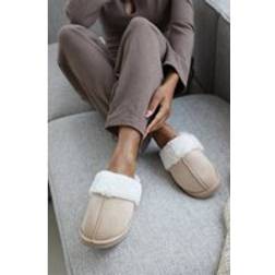Where's That From Xandra Suede Mule Slippers Cosy Faux Fur Trim - Cream
