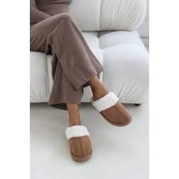 Where's That From Xandra Suede Mule Slippers Cosy Faux Fur Trim - Camel