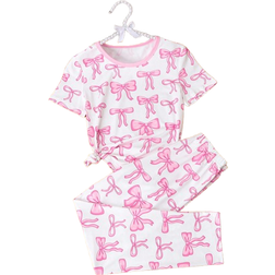 Shein Girls Cute Bow & Heart Printed Contrast Color Round Neck Sleepwear