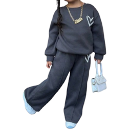 Shein Young Girl Heart Print Knitted Solid Loose Butterfly Sleeve Sweatshirt & Wide Leg Sweats 2-piece Set