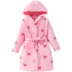 Shein 1pc Girls Lovely Sweet Elegant Casual Simple Fashionable Comfy Cherry Print Hooded Fleece Bathrobe