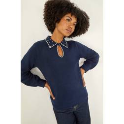 Roman Faux Pearl Collared Keyhole Knit Jumper - Navy