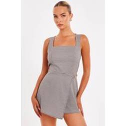 Quiz Women's Brown Checked Square Neck Playsuit - Brown