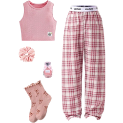 Shein Casual Teen Girl Classic Plaid Pants And Solid Sleeveless Vest Homewear Set