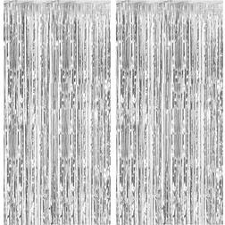 Shein 2pcs/Pack Foil Curtain Backdrop Silver Metallic Tinsel Fringe Curtains
