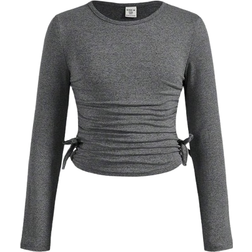 Shein pcs Tween Girls Casual Crew Neck Ruched Long Sleeve Fitted Knit Top Bell Bottom Pants Set