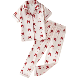 Shein Girls Allover Print Bowknot & Ribbon Pattern Polo Collar Cardigan Short Sleeve Top And Casual Long Pants Pajama Set