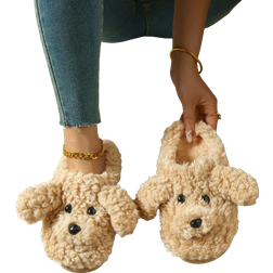 Shein Cute Wind Plush Camel Color Teddy Dog Fashion Home Indoor And Outdoor Home Comfortable Ladies Slippers - Camel