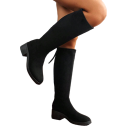 Shein Women's Round Toe Back Zipper Thick Sole Knee High Boots - Black