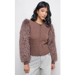 Warehouse Zip Up Fluffy Sleeve Cardigan Sweater - Khaki