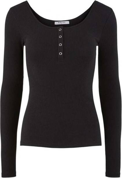 Pieces Button Front Ribbed Top - Black