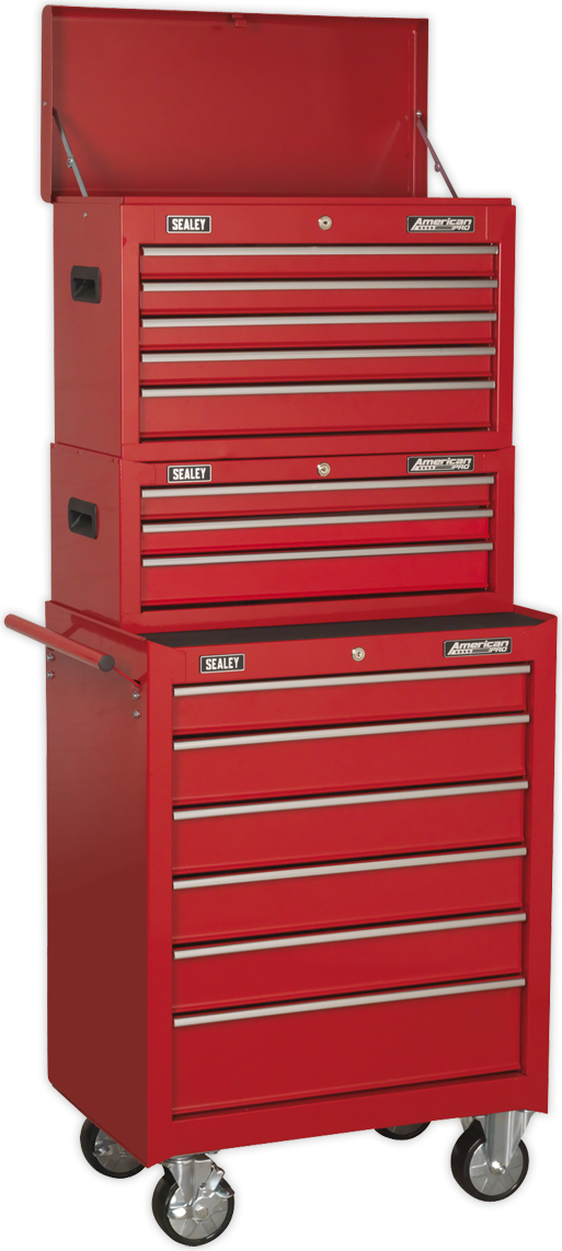 Sealey Topchest, Mid-Box & Rollcab 14 Drawer Stack Red