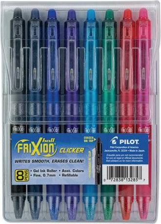 Frixion Clicker Erasable Gel Ink Pens Fine Point Assorted Colors 8 Pack Pouch