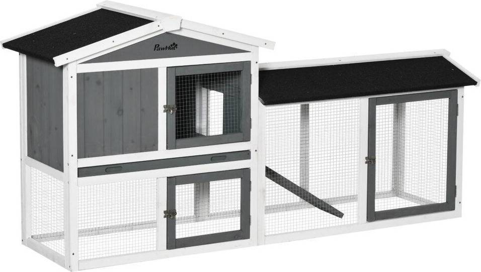 Pawhut Two-Tier Rabbit Hutch with Run Box Slide-Out Tray Ramp